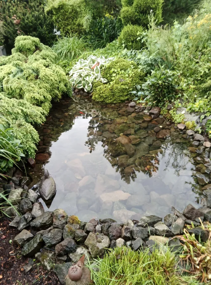Gartenteich umgeben mit Natursteinen